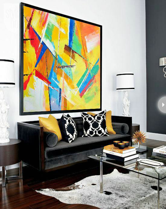 Oversized Palette Knife Painting Contemporary Art On Canvas,Pop Art Canvas,Yellow,Light Green,Red,Blue,Pink
